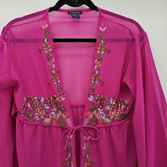 Boston Propper Pink Beaded Embroidered Sheer Flowy Cardigan Blouse Small - Picture 2 of 5